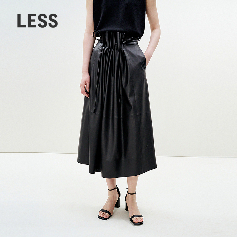 LESS摩登皮裙高腰长款a字半身裙