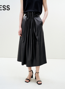 LESS春高腰抽褶时髦舒适腰裙简约PU皮裙摩登半身A字裙2P2D14150