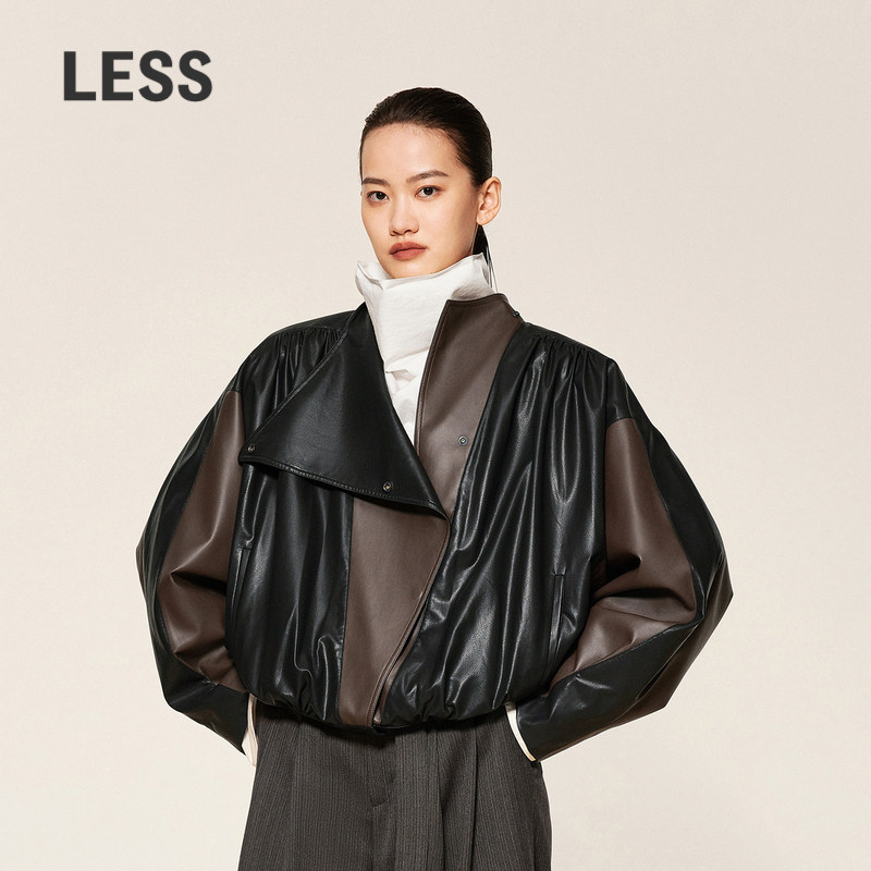 LESS春秋休闲撞色PU皮衣女复古机车感宽松时髦短外套女2O9A