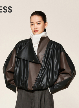 LESS春秋休闲撞色PU皮衣女复古机车感宽松时髦短外套女2O9A1481H
