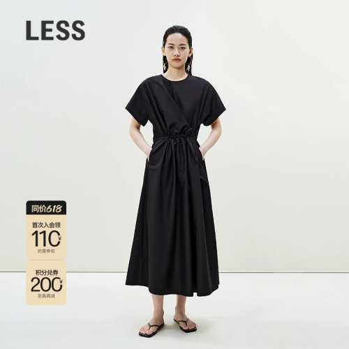 LESS夏季通勤抽绳收腰短袖连衣裙