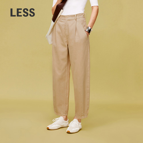 LESS春休闲简约全棉直筒裤子女弯刀复古工装休闲长裤2O3E11410