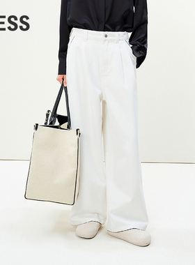 LESS春高腰白色休闲宽松撞色通勤简约阔腿牛仔裤女2P2E10600