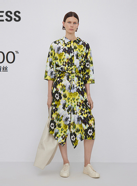 LESS春秋设计感度假裙桑蚕真丝灯台百合印花连衣裙2N7G13720