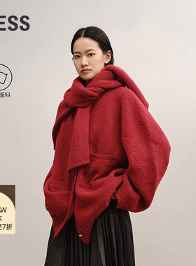 【商场同款】LESS2025年冬季新款中长款开襟红色针织衫2P0316790