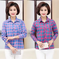 Phụ nữ trung niên XL cotton dài tay kẻ sọc kẻ béo mẹ chất béo mùa xuân và mùa thu áo sơ mi mỏng - Áo sơ mi dài tay áo sơ mi nữ dài tay đẹp