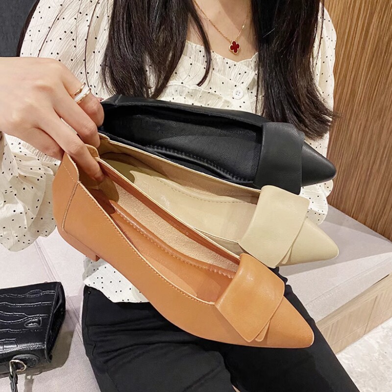 2025新款真皮低跟单鞋软底职业尖头工作粗跟蝴蝶结叶片百搭女鞋