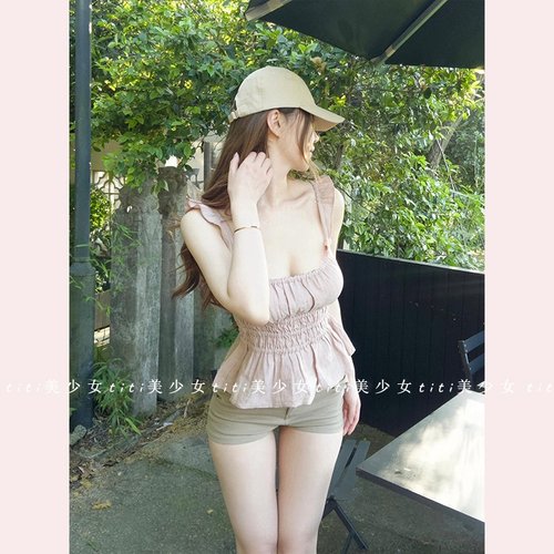 短袖人鱼粉亚麻小飞袖收腰上衣