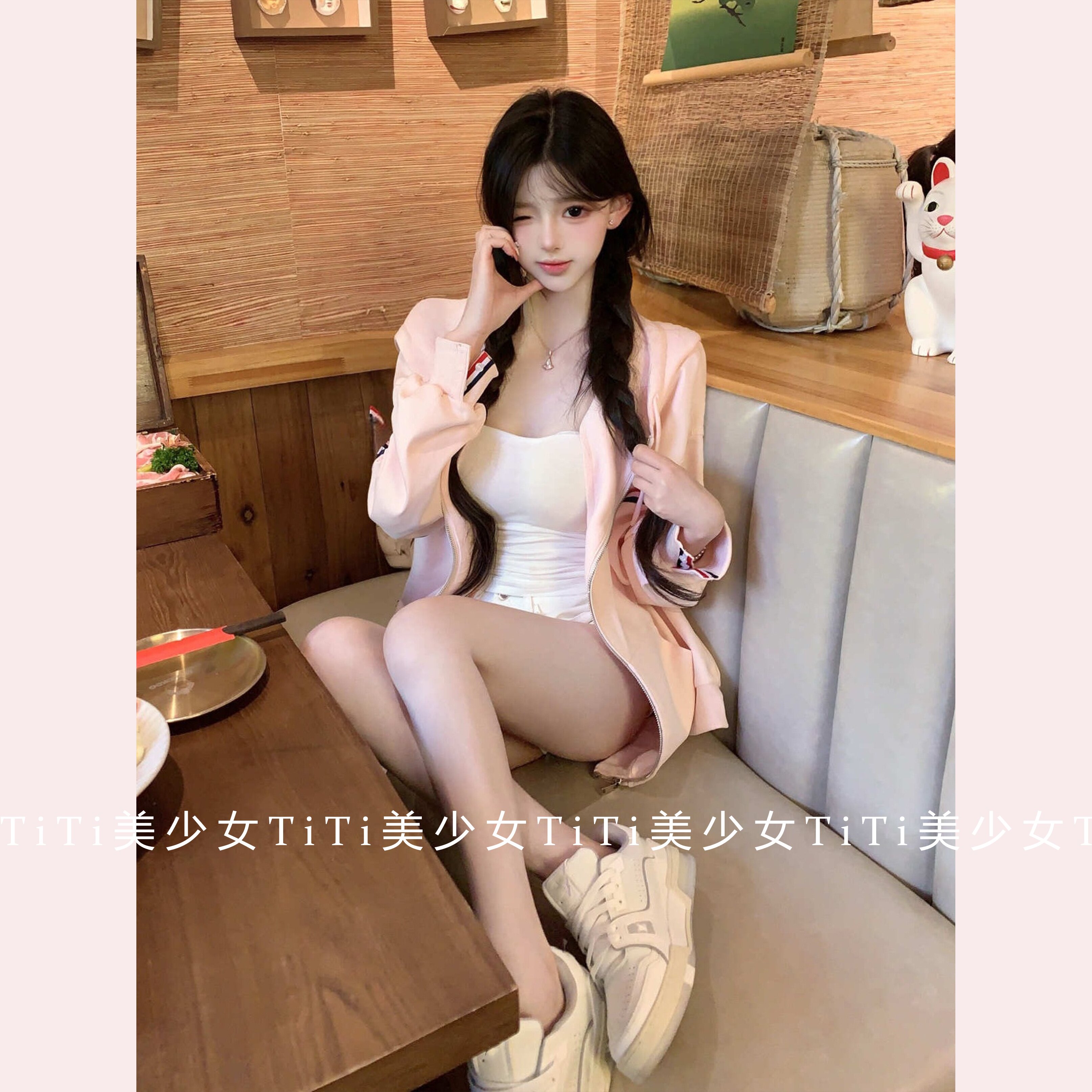 【TiTi美少女】秋冬三色织带嫩粉色垂感柔软连帽拉链宽松卫衣外套
