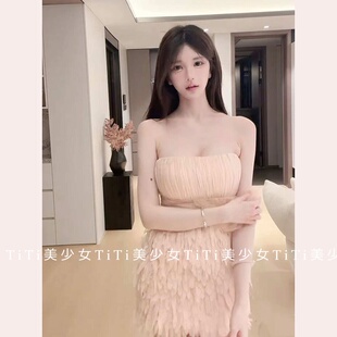 【TiTi美少女】蜜桃粉色压褶流苏单肩连衣裙生日礼服重工修身短裙