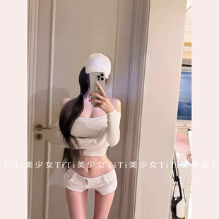 【TiTi美少女】夏季新款纯欲辣妹一字肩长袖T恤性感修身短款上衣