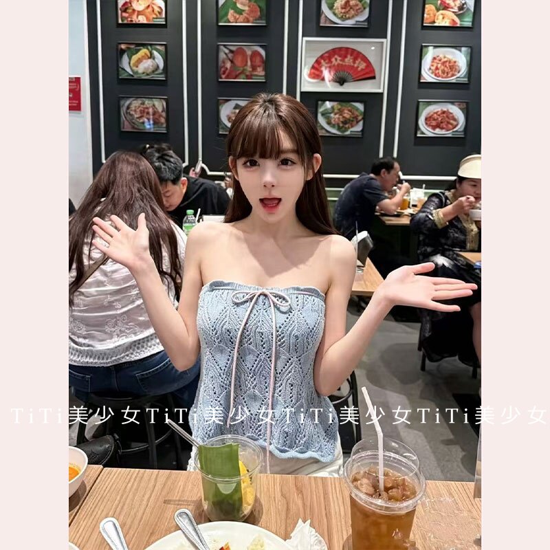 【TiTi美少女】纯欲系带镂空针织抹胸背心女秋冬短款宽松无袖上衣