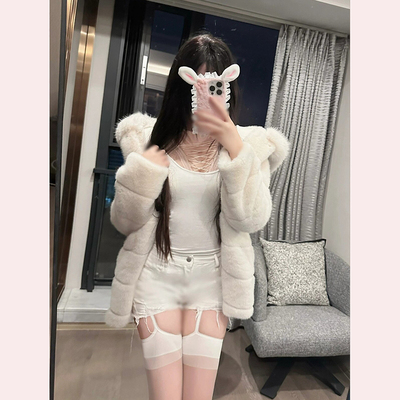 白色兔毛皮草外套连帽中长款大衣