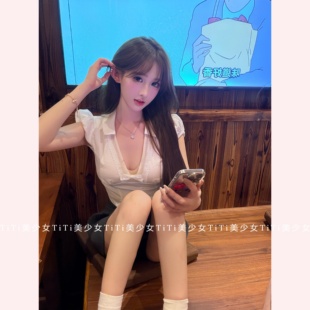 修身 衬衫 纯欲蝴蝶结白色v领短袖 收腰衬衣显瘦上衣 TiTi美少女