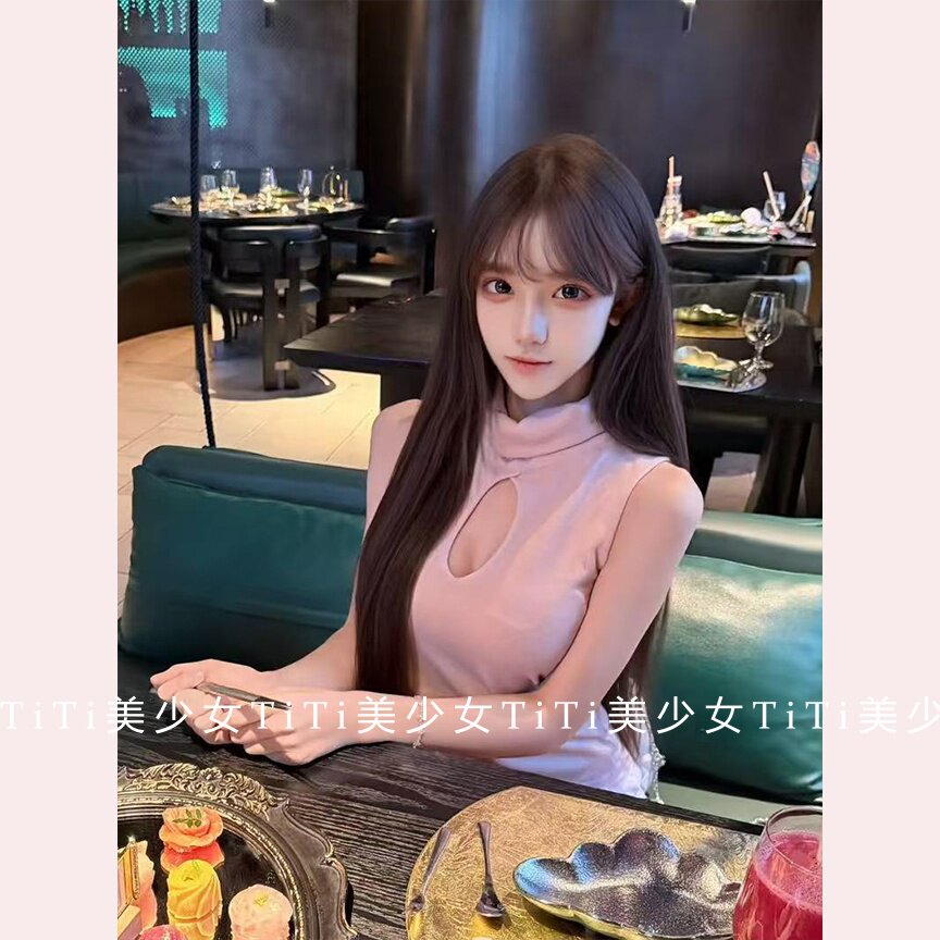 【TiTi美少女】秋季纯欲风镂空高领针织无袖内搭修身温柔性感上衣