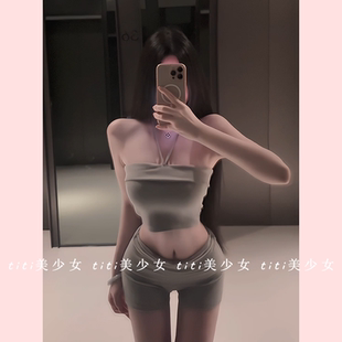休闲两件套 灰色性感露背绑带抹胸背心辣妹高腰短裤 TiTi美少女