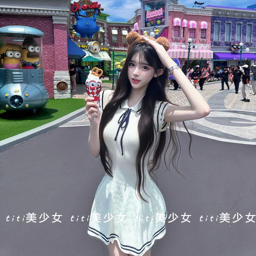 针织短袖连衣裙收腰显瘦A字裙