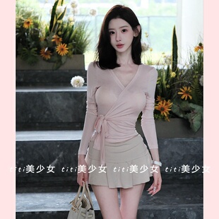 半身裙裤 T恤 纯欲芭蕾风交叉绑带V领长袖 甜美套装 TiTi美少女