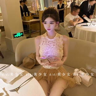 背心修身 设计感蕾丝钩花无袖 内搭纯欲辣妹上衣外穿 TiTi美少女