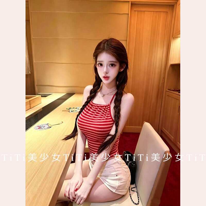 【TiTi美少女】纯欲风辣妹修身显瘦条纹吊带背心挂脖无袖短款上衣