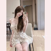 纯欲风碎花清纯绑带吊带收腰紧身无袖 TiTi美少女 甜美连衣裙裤