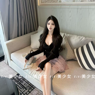 【TiTi美少女】褶皱小吊带长袖开衫上衣两件套+网纱蓬蓬半身裙