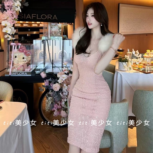 【TiTi美少女】娇媚雪狐性感深V毛领连衣裙party提花小礼服包臀裙