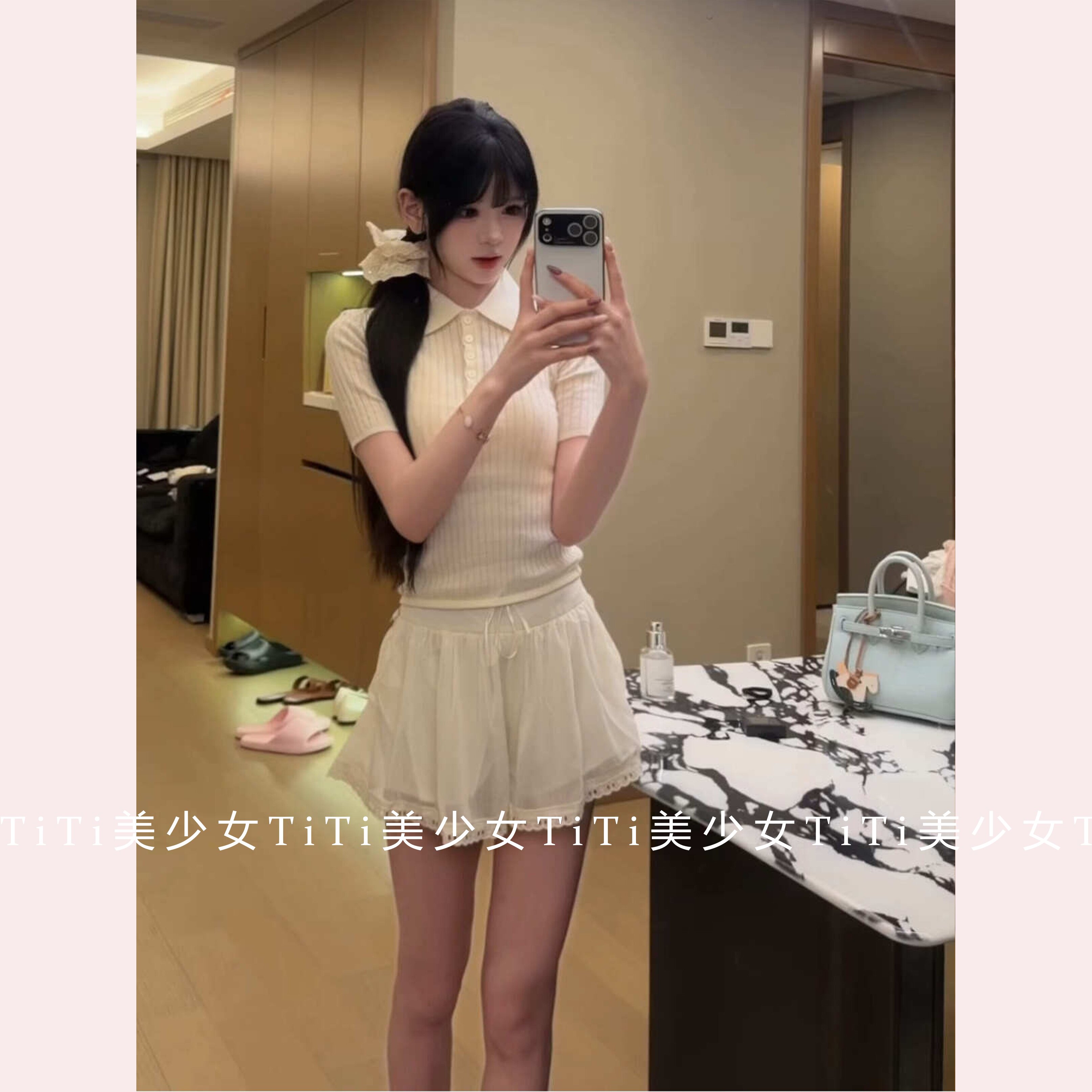 【TiTi美少女】纯欲清纯小白花上衣学院风穿搭气质翻领短袖针织衫