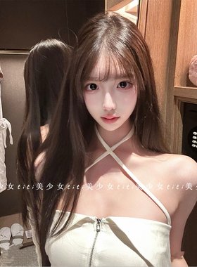 锁骨肩挂脖拉链紧身抹胸T恤