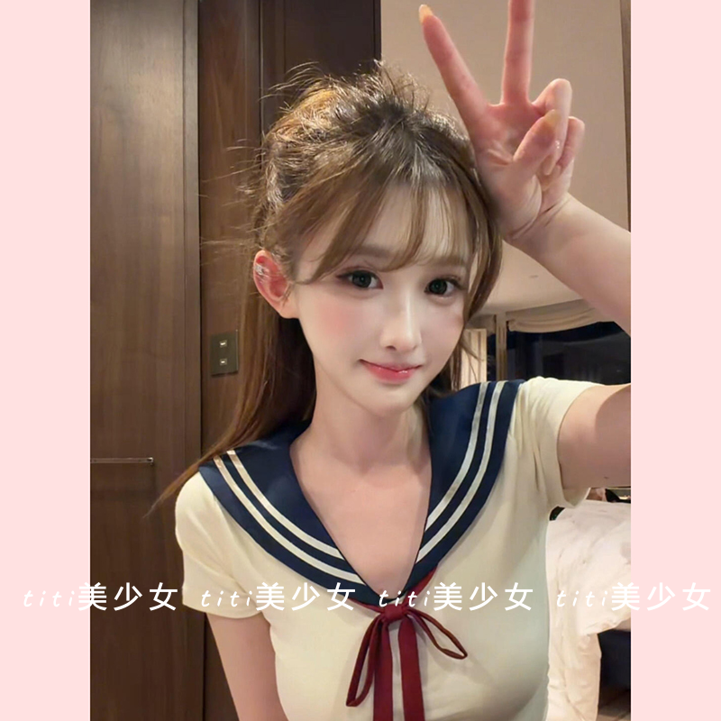 【TiTi美少女】纯欲套装修身显瘦海军领t恤上衣+半身裙JK两件套女,女装/女士精品,大码内搭,淘宝优惠券,粉丝福利购,淘宝优惠卷