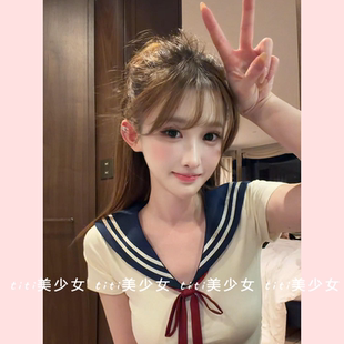 显瘦海军领t恤上衣 修身 纯欲套装 半身裙JK两件套女 TiTi美少女