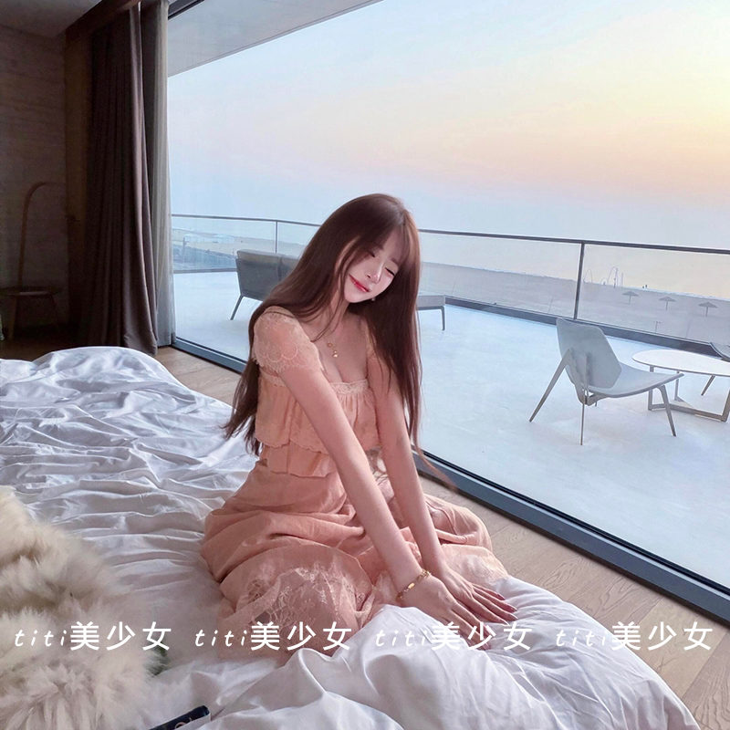 【TiTi美少女】纯欲风落日长裙蕾丝荷叶边A字收腰显瘦连衣裙女
