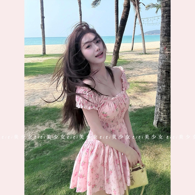 性感一字领短袖印花高腰连衣裙