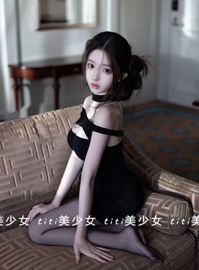 【TiTi美少女】黑色一字肩性感连衣裙辣妹纯欲挂脖针织包臀短裙子
