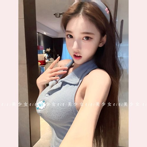 ins性感露背Polo领弧形挂脖背心