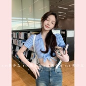 TiTi美少女 短款 纯欲风蓝色格子短袖 衬衫 辣妹修身 露脐小衫 上衣