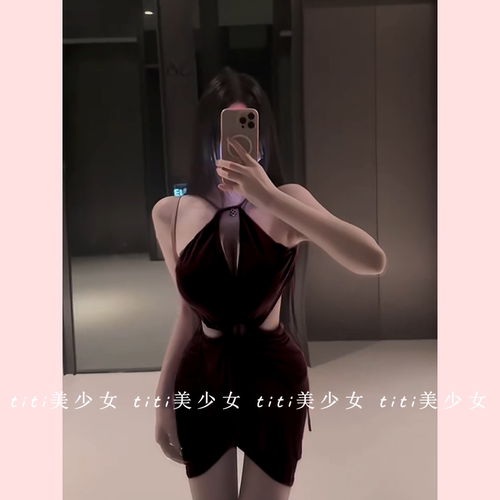 露背绑带褶皱不规则吊带短裙