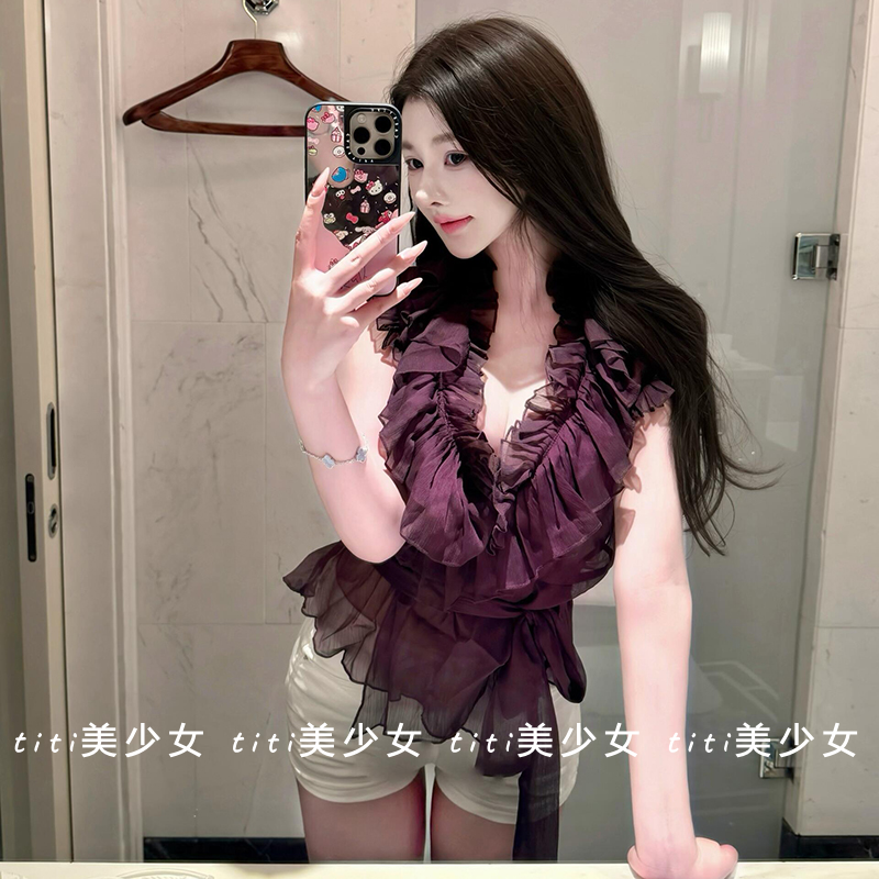 【TiTi美少女】纯欲性感紫色荷叶边无袖雪纺衬衫绑带设计感上衣,女装/女士精品,大码内搭,淘宝优惠券,粉丝福利购,淘宝优惠卷