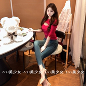 女套头拉链性感纯欲风显胸上衣 针织衫 TiTi美少女 收腰显瘦中袖