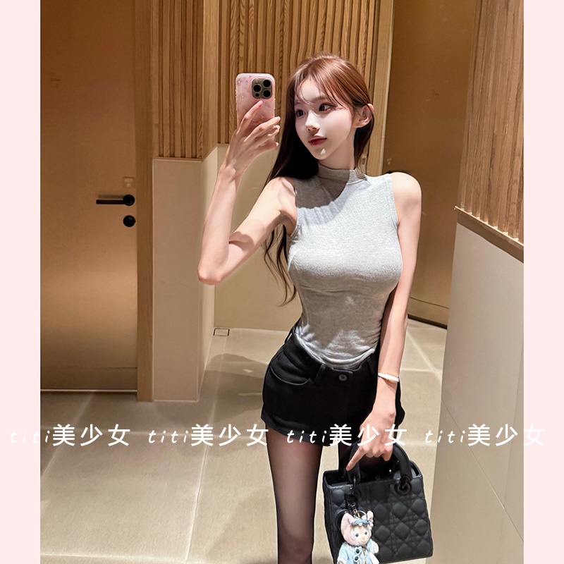 无袖背心弧形下摆打底衫上衣