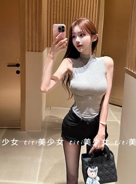 【TiTi美少女】纯欲风韩式ins半高领无袖背心弧形下摆打底衫上衣