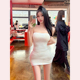 TiTi美少女 辣妹一字肩抹胸连衣裙白色收腰紧身显瘦褶皱包臀裙