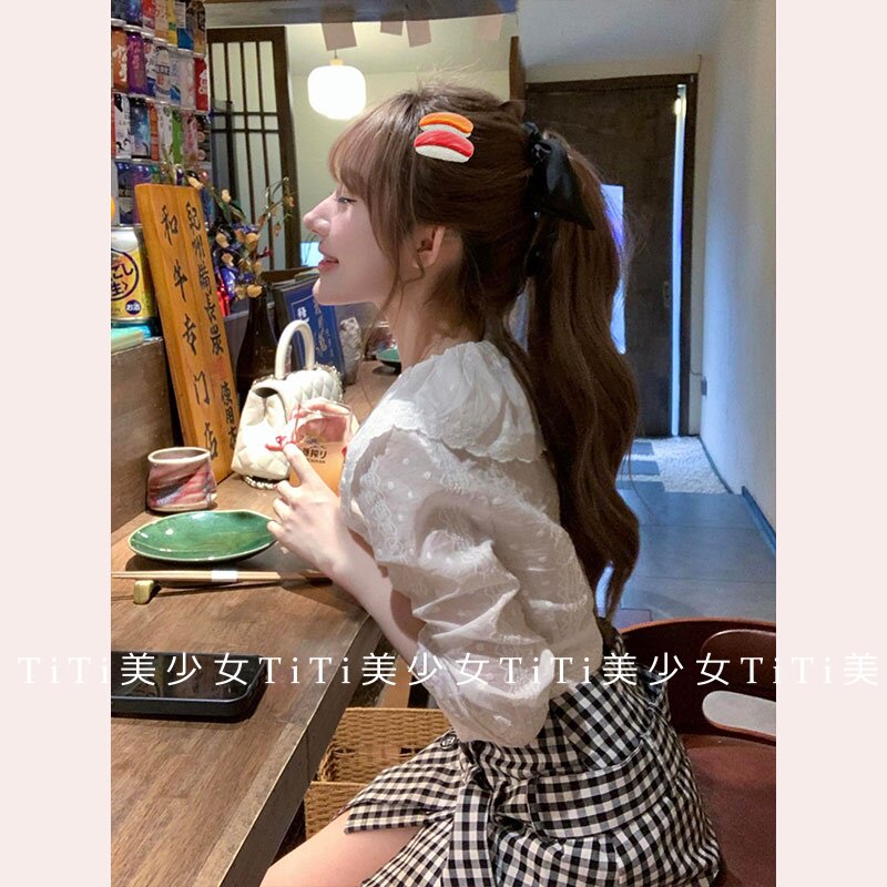 【TiTi美少女】纯欲风荷叶边泡泡袖短款上衣黑白格纹腰带半身短裙