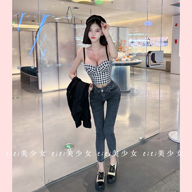 【TiTi美少女】纯欲性感格子吊带背心小方块印花鱼骨辣妹上衣抹胸