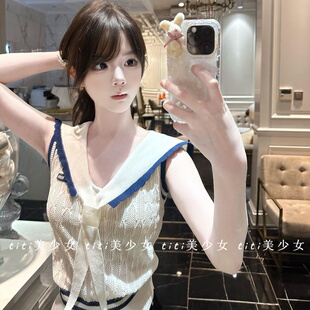 纯欲甜美设计感显瘦海军领针织T恤马甲背心女 新款 TiTi美少女