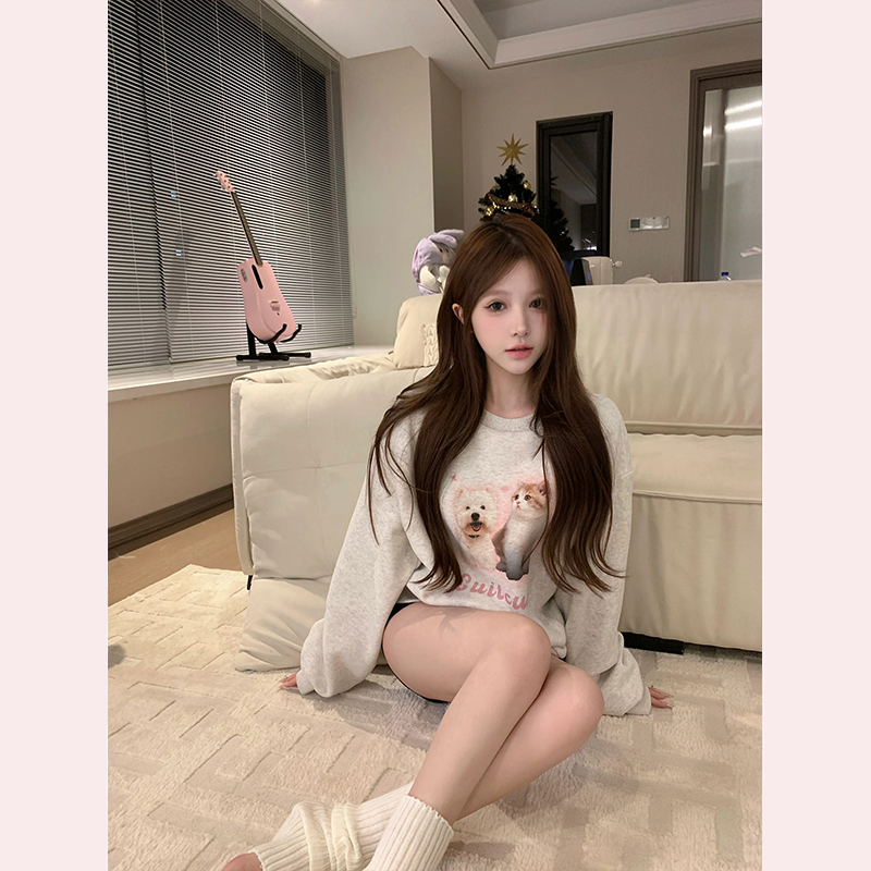 灰色动物印花圆领卫衣