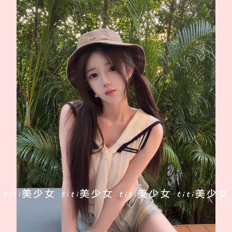 【TiTi美少女】纯欲甜美设计感显瘦海军领针织T恤马甲背心女