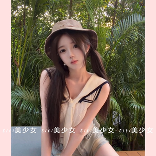 纯欲甜美设计感显瘦海军领针织T恤马甲背心女 TiTi美少女
