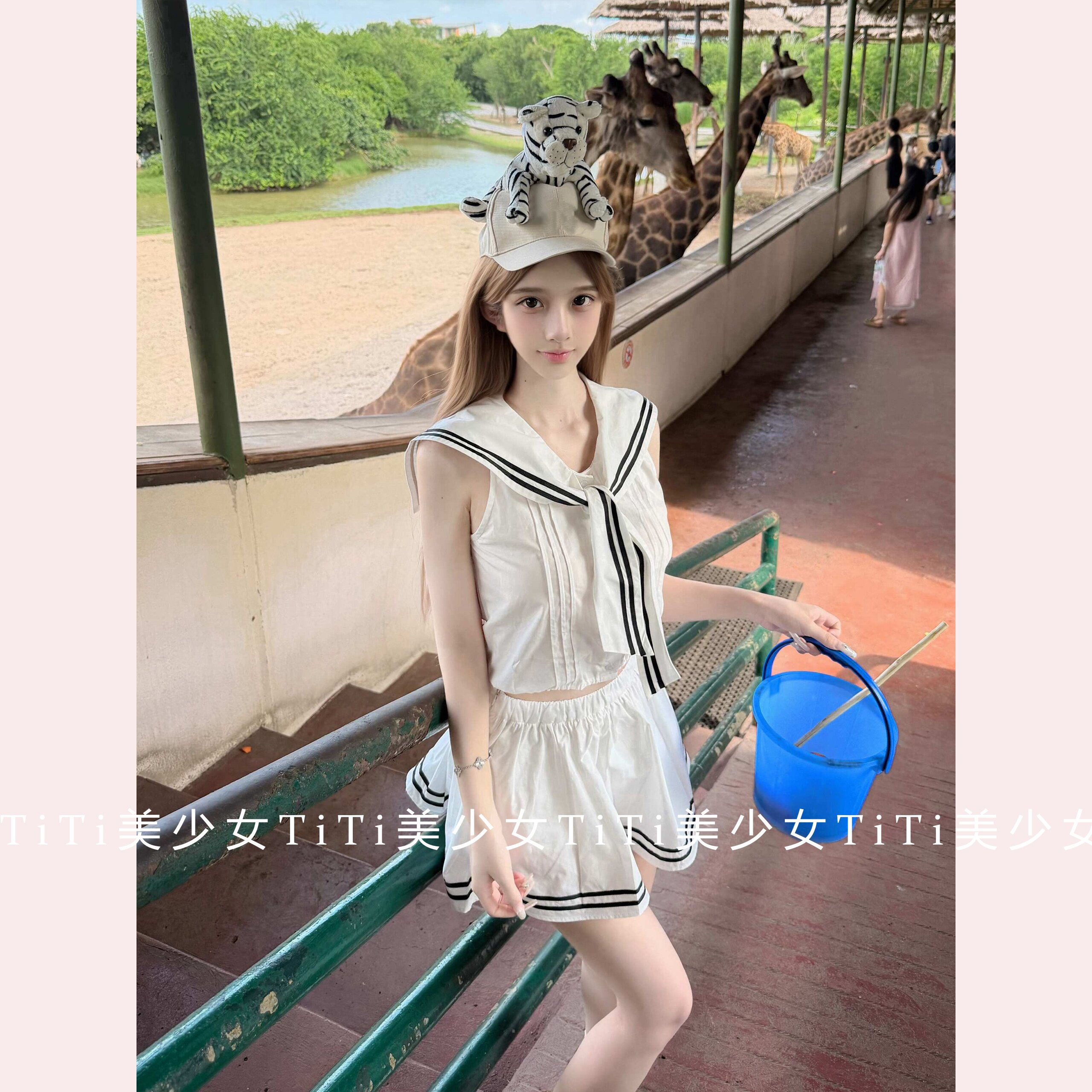 【TiTi美少女】纯欲学院风两件套无袖短款海军领衬衫上衣短裙套装