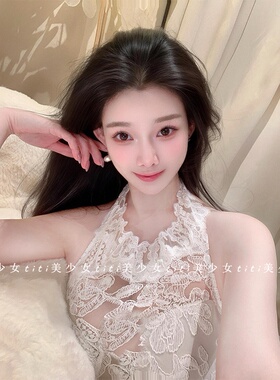 【TiTi美少女】小白花蕾丝钩花美背挂脖背心春季镂空修身白色上衣